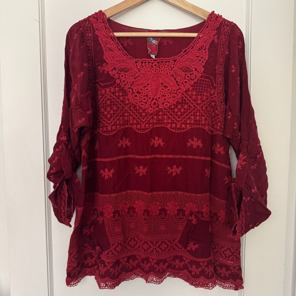 Johnny Was Crimson Red Embroidered Georgette Long Sleeve Top - S